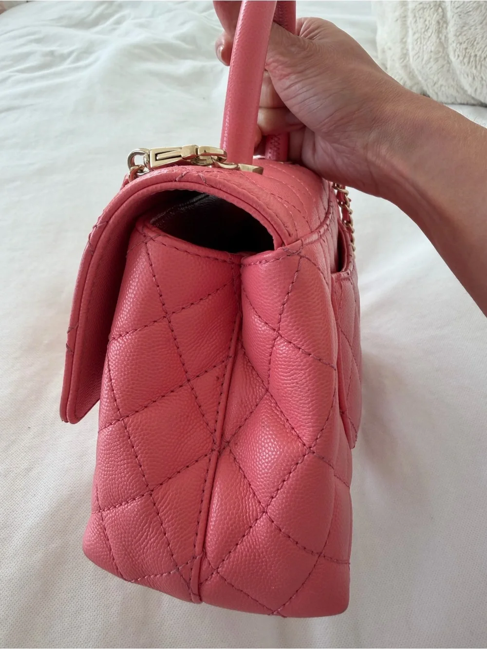 CHANEL Pink Quilted Satchel with Gold-Tone Chain